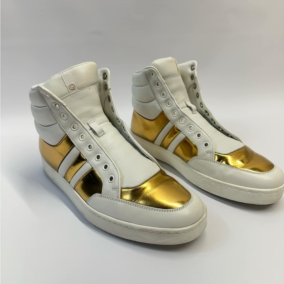 Gucci Men's White/Gold Contrast Padded Leather High-top Sneaker Gucci 8G - Picture 1 of 11